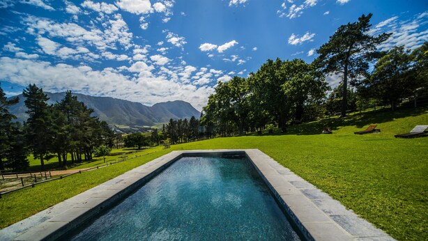 A rectangular swimming pool with a stone border, surrounded by a well-maintained lawn and trees, with mountains in the background. - High Season Farm (Hermanus)