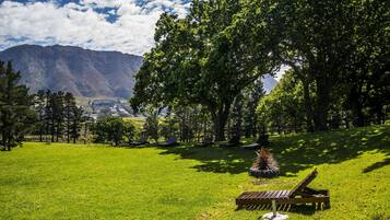 A grassy park with a wooden bench, trees, and mountains in the background.