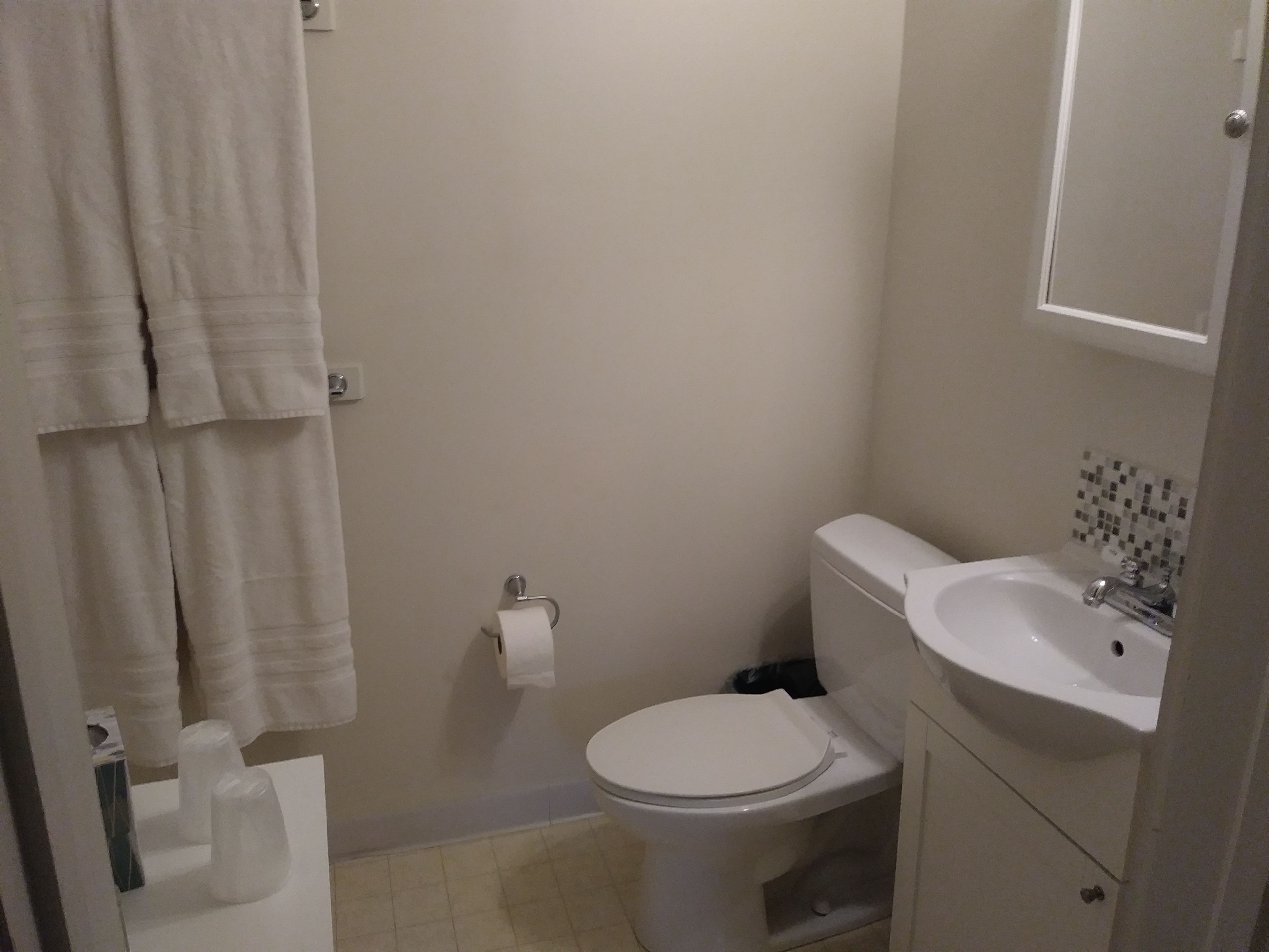 Un baño con inodoro, lavamanos y perchero para toallas.