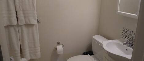 A bathroom with a toilet, sink, and towel rack.