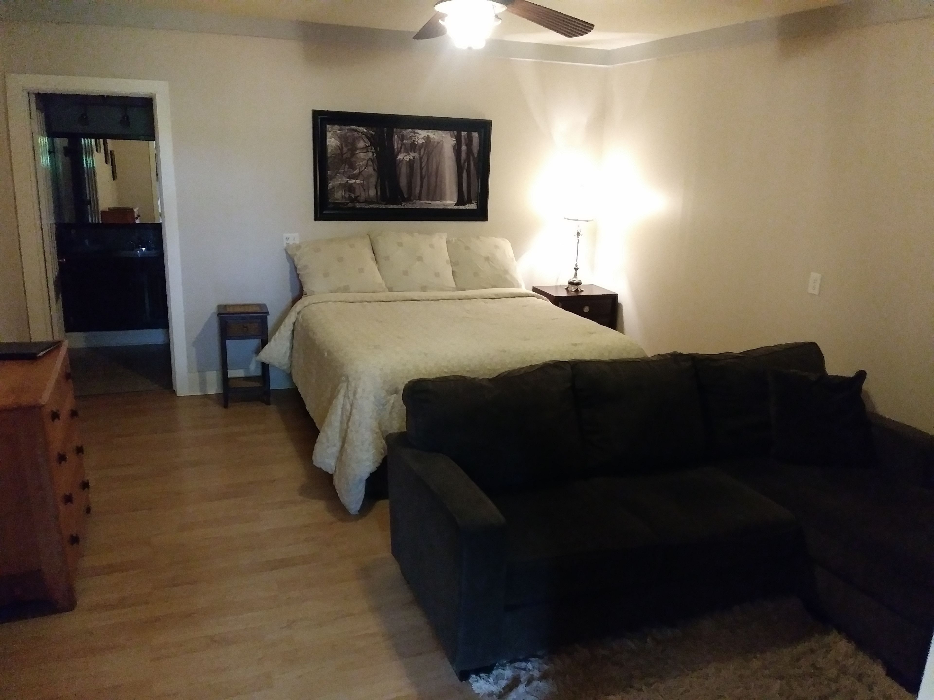A bedroom with a bed, a nightstand, a lamp, a wooden dresser, and a dark-colored sofa.