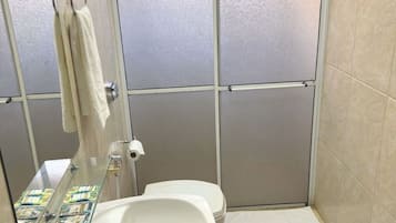 A bathroom with a glass shower enclosure, a white sink, and a toilet.