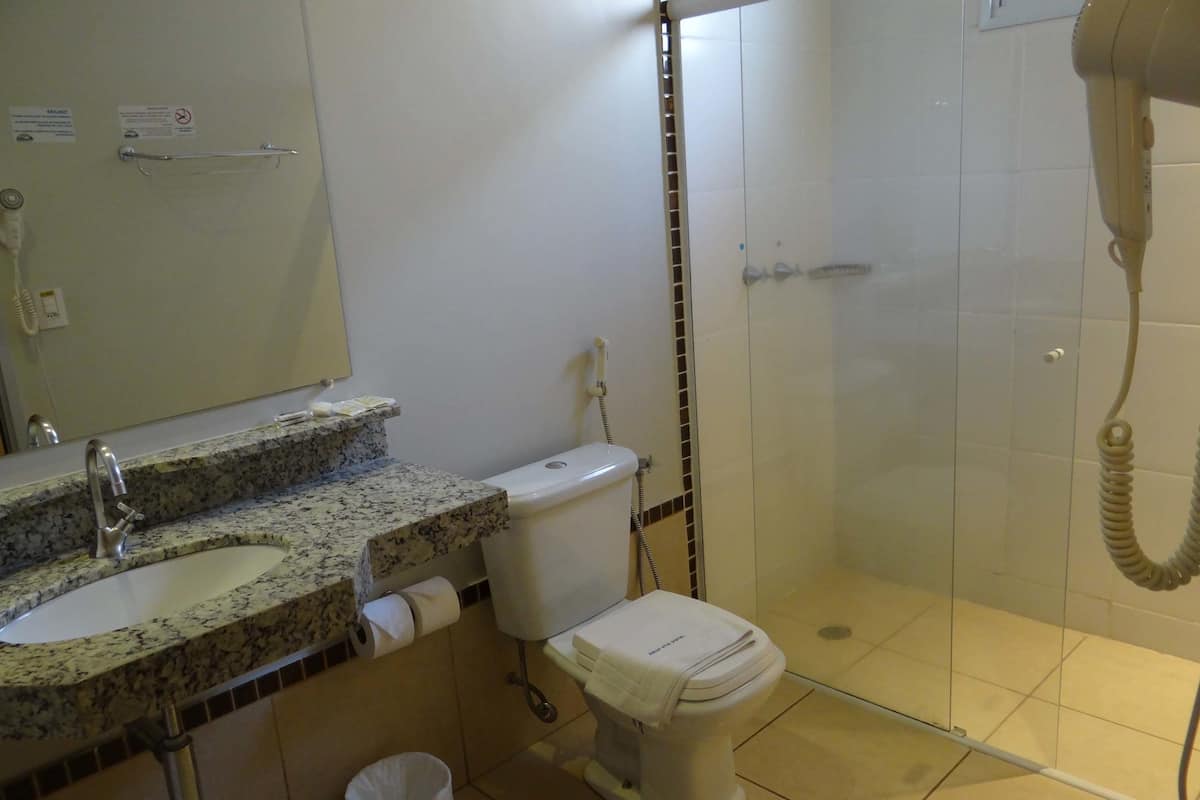 standard room | bathroom | shower, free toiletries, hair dryer, towels