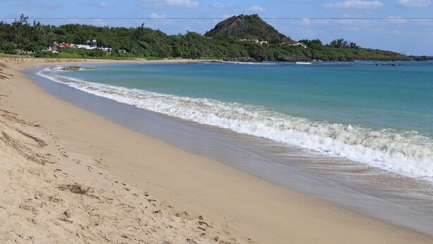 Uma praia com águas azul-claras, areal arenoso e uma colina arborizada ao fundo.
