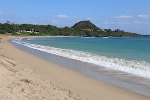 A beach with clear blue water, a sandy shore, and a forested hill in the background.