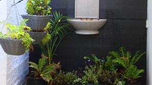 A black exterior wall with a white toilet and hanging baskets with plants. - Cloverleigh Guest House (Wilderness)