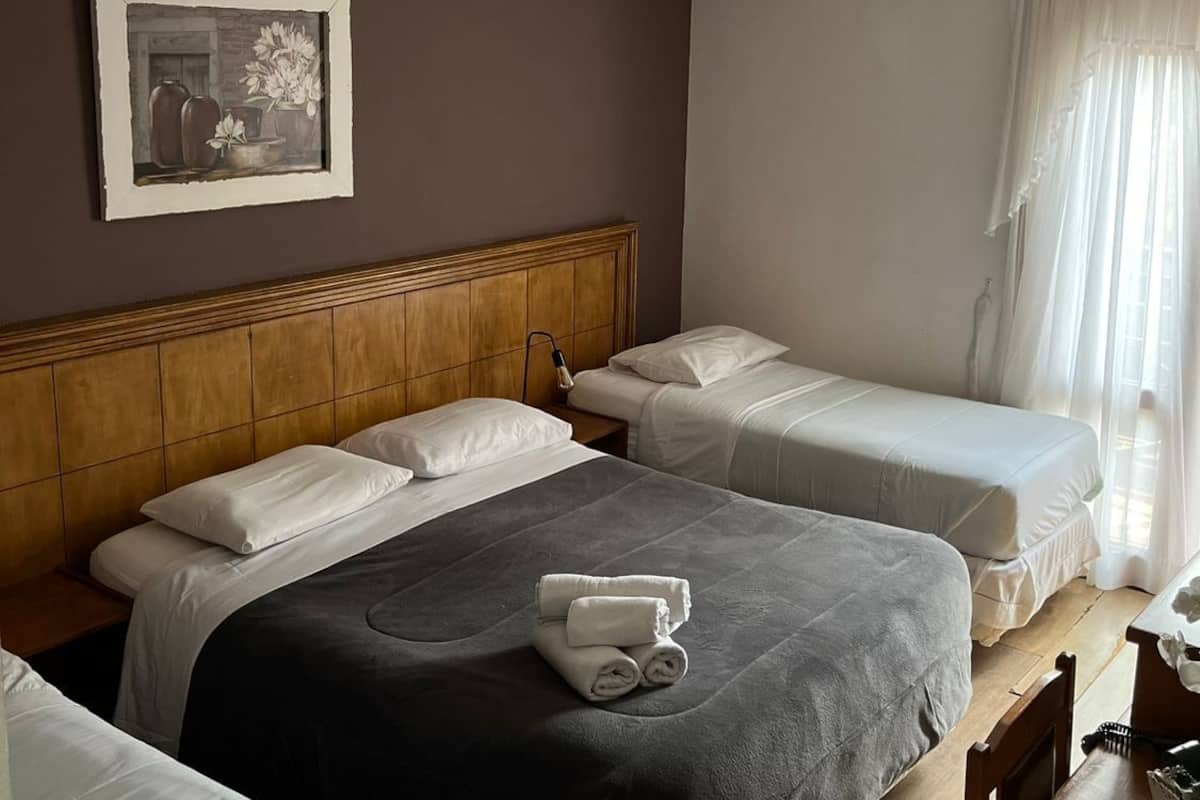Una habitación de hotel con dos camas, cabecero de madera, mesita de noche, lámpara y un cuadro enmarcado en la pared.