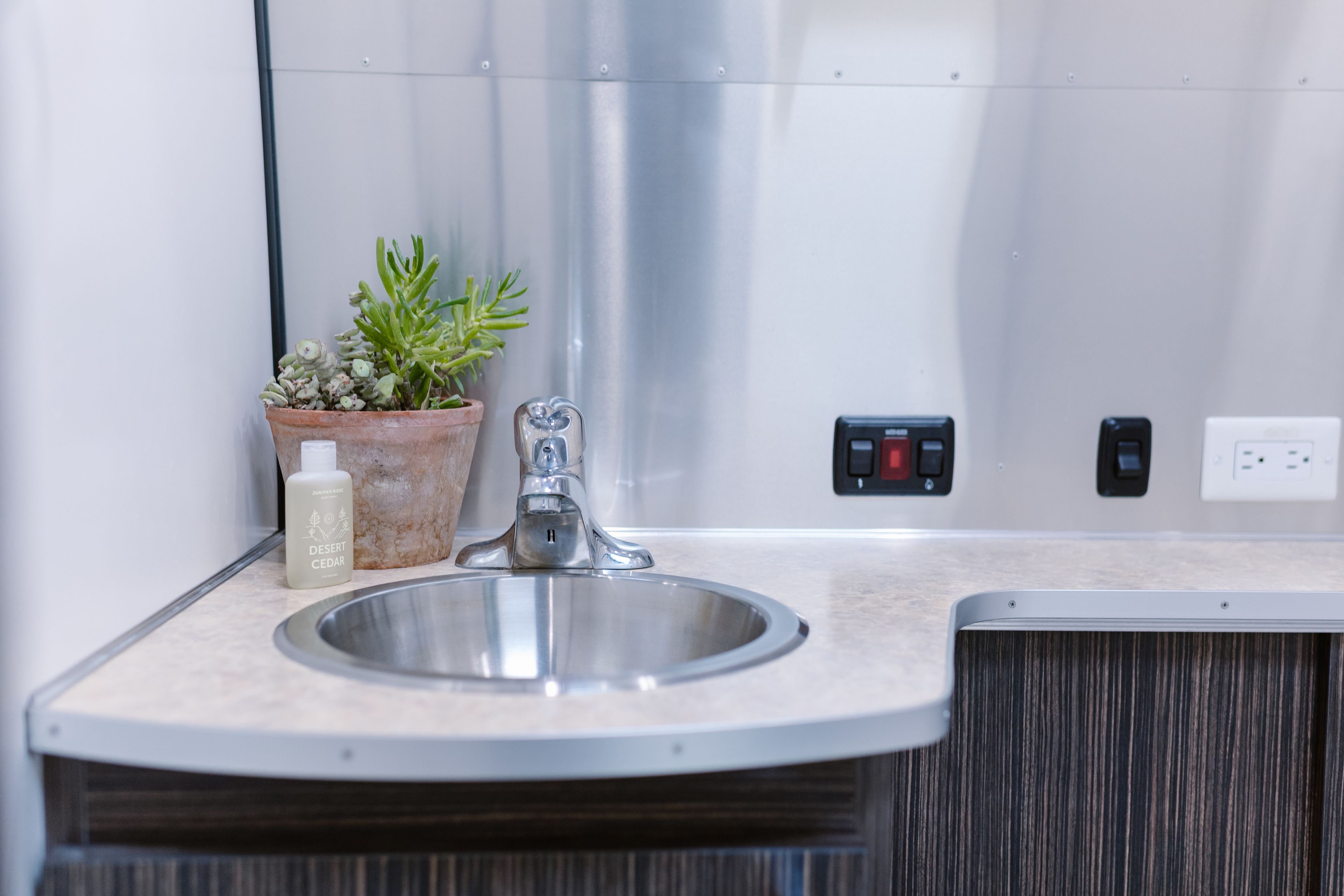 A modern bathroom with a stainless steel sink, a potted plant, and a bottle of Desert Cedar soap.