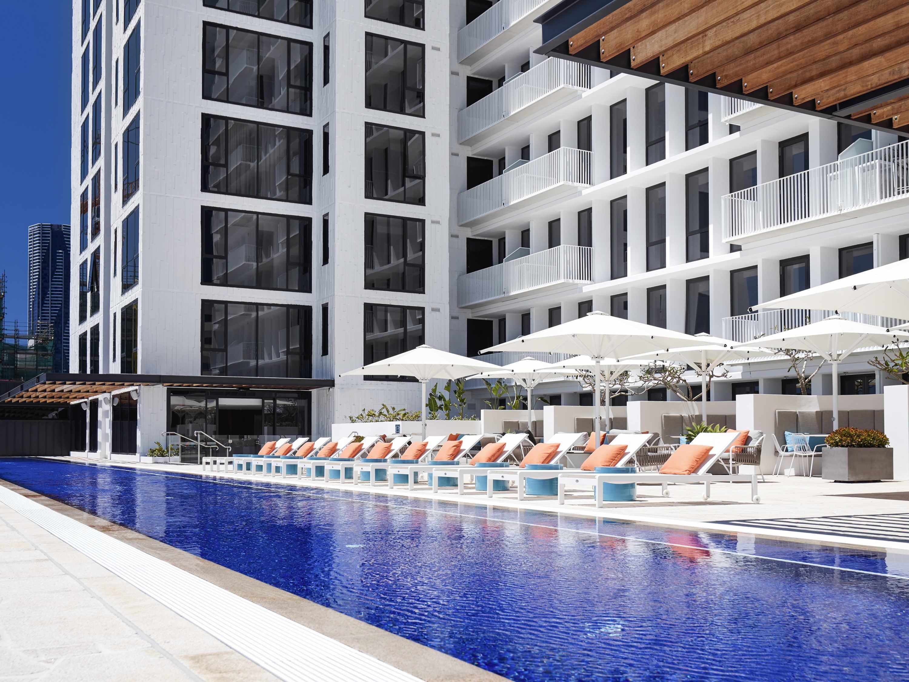 Outdoor pool, pool umbrellas, pool loungers