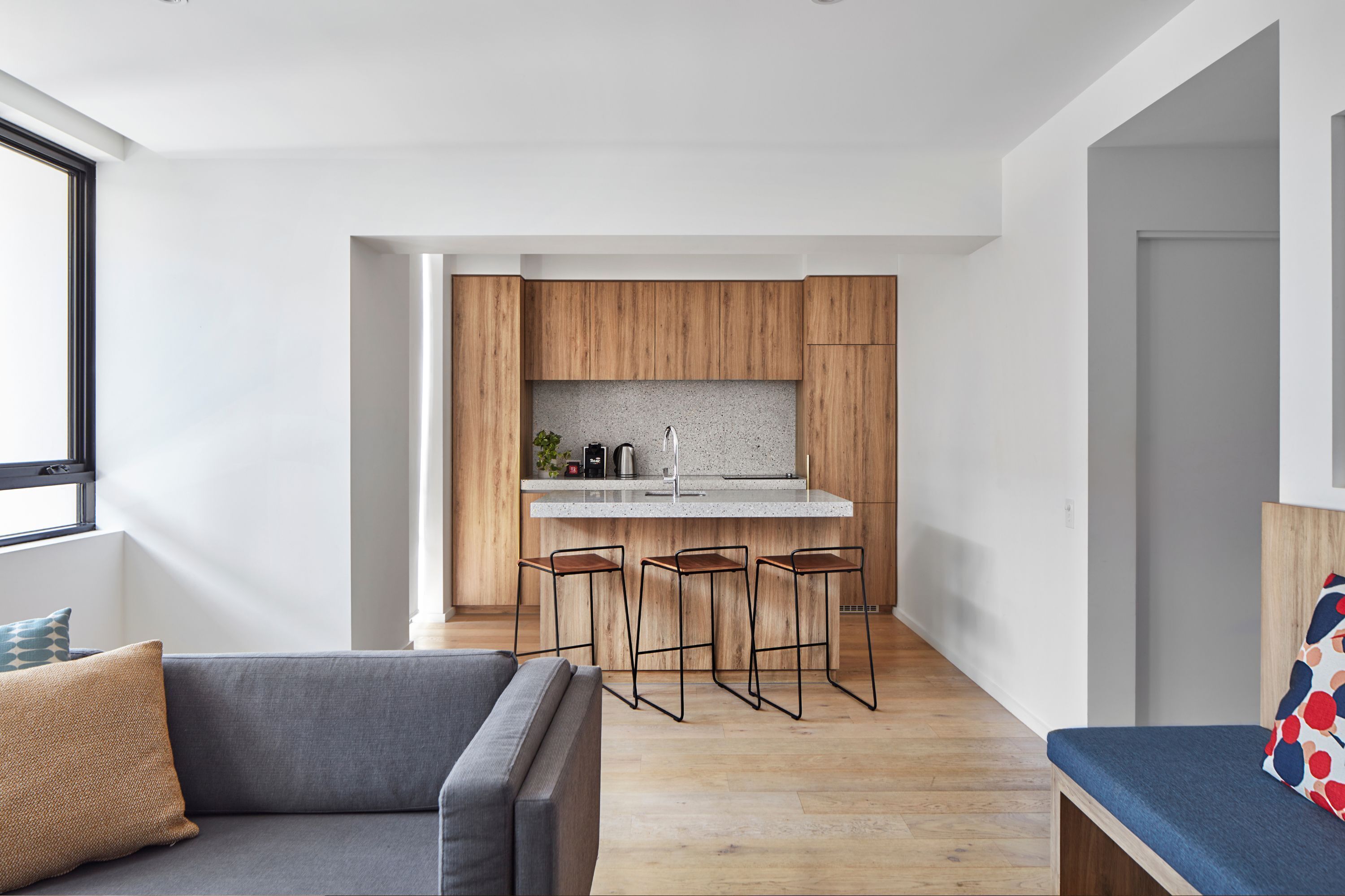 mini-fridge, microwave, dishwasher, coffee/tea maker