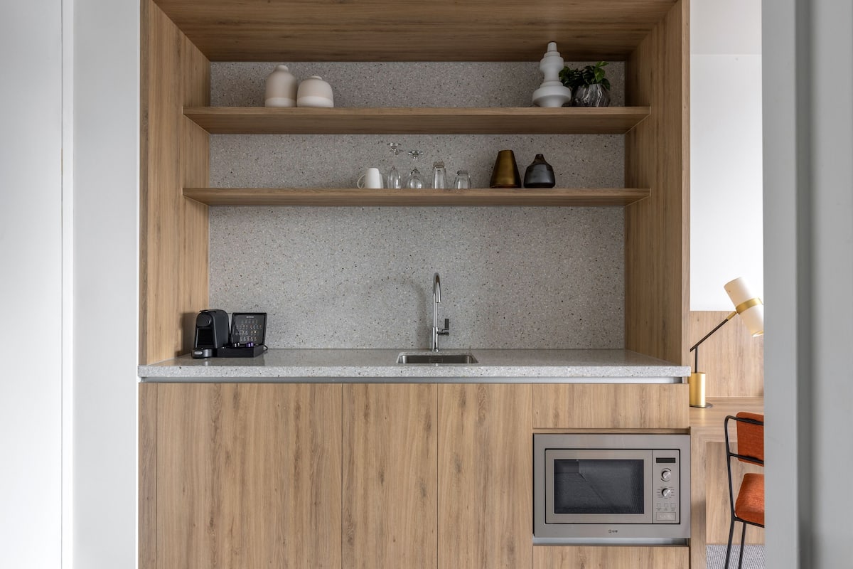 mini-fridge, microwave, dishwasher, coffee/tea maker