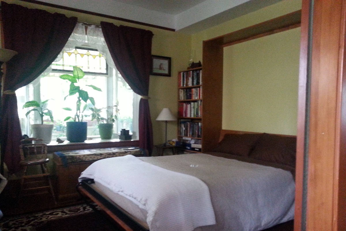 A bedroom with a bed, a bookshelf, a window with curtains, and a potted plant.