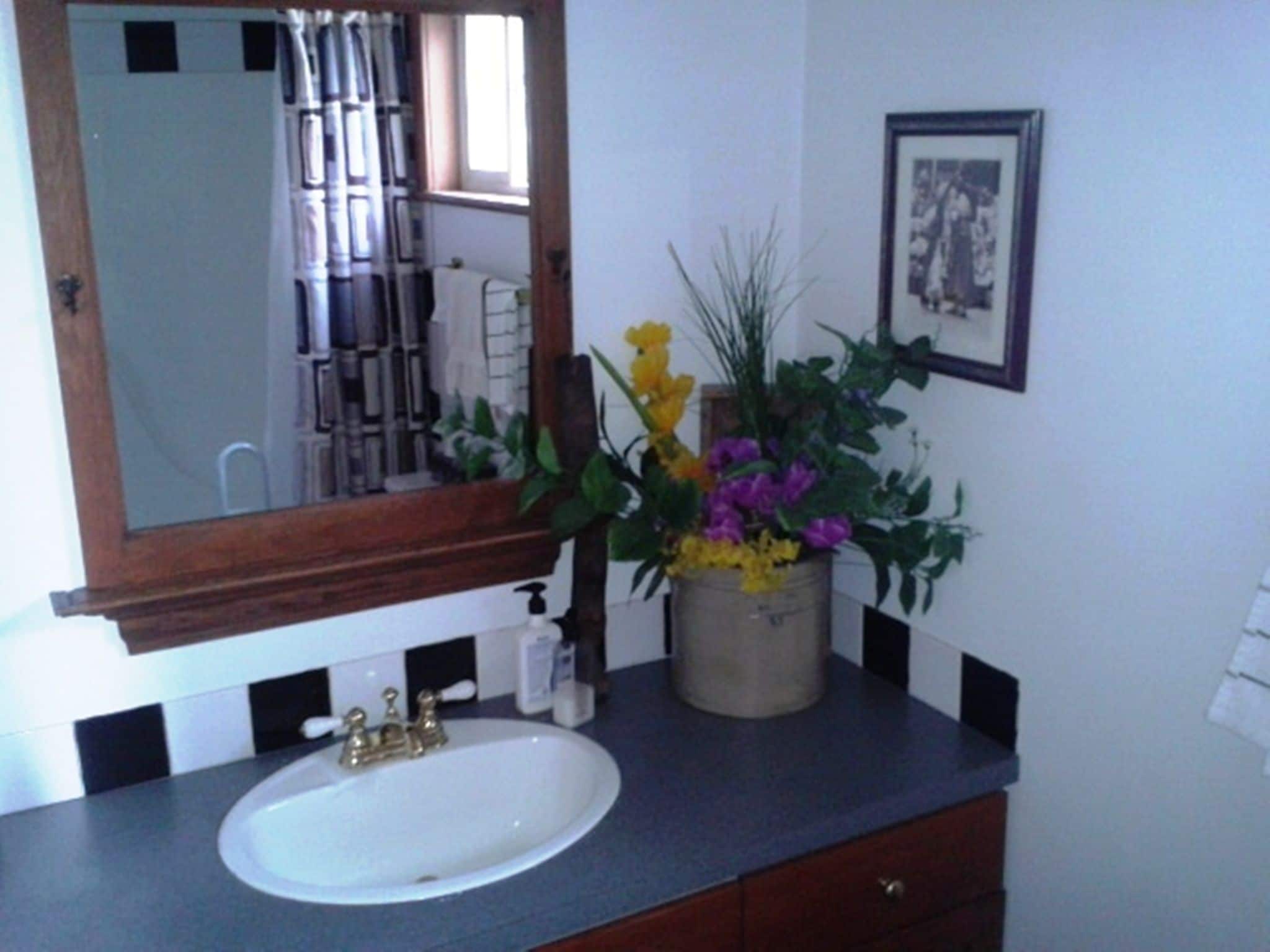A bathroom with a white sink, a wooden vanity, a mirror, a potted plant with flowers, and a framed picture on the wall.