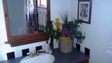 A bathroom with a white sink, a wooden vanity, a mirror, a potted plant with flowers, and a framed picture on the wall.