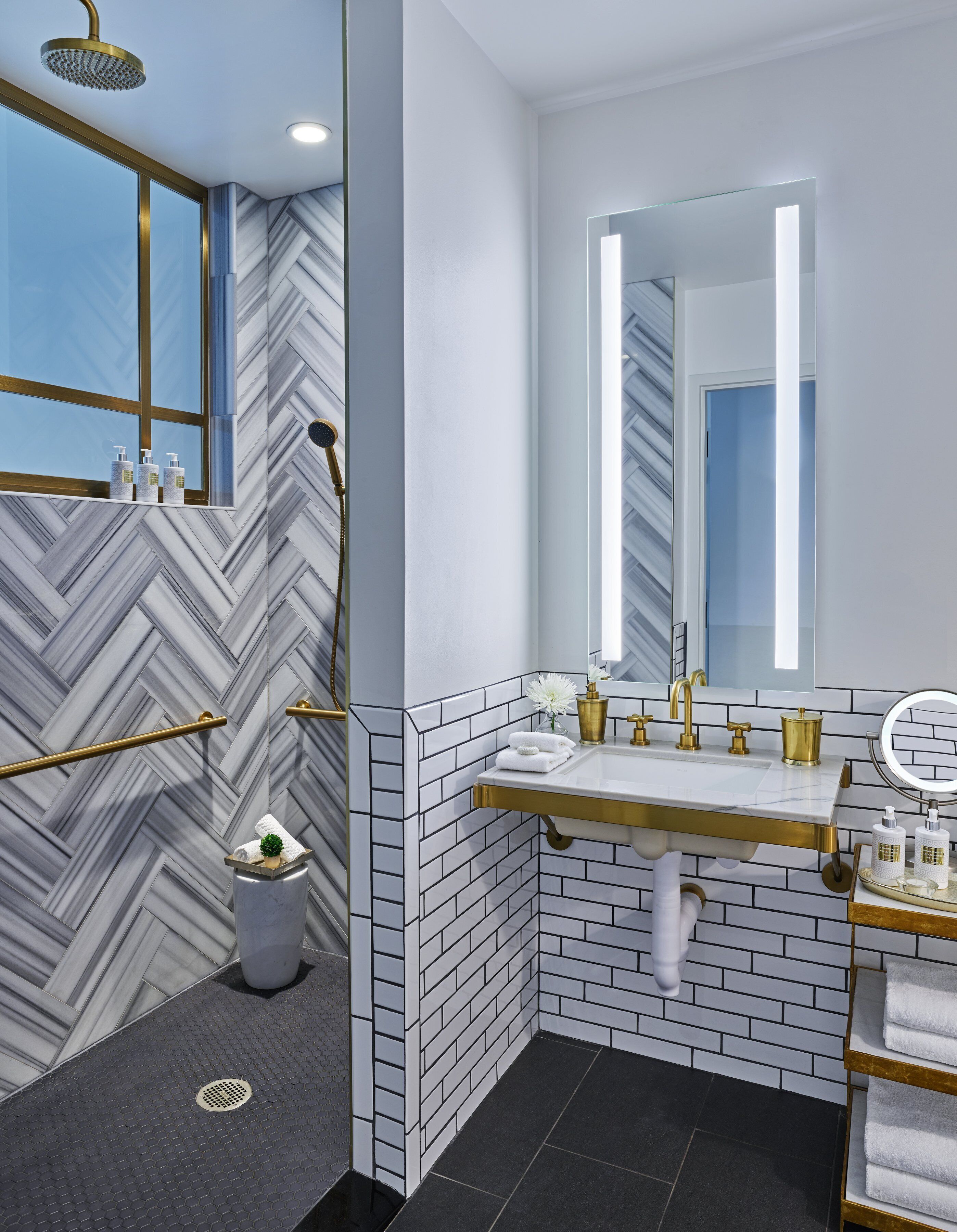 designer toiletries, hair dryer, bathrobes, towels