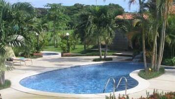 A swimming pool with a curved edge, surrounded by palm trees and a garden area.
