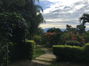 A garden pathway leading to a view of distant mountains.