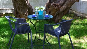 A table set under a large tree with two chairs, a glass of water, and a blue cup on the table. - Summer House Louisa (Lefkada)
