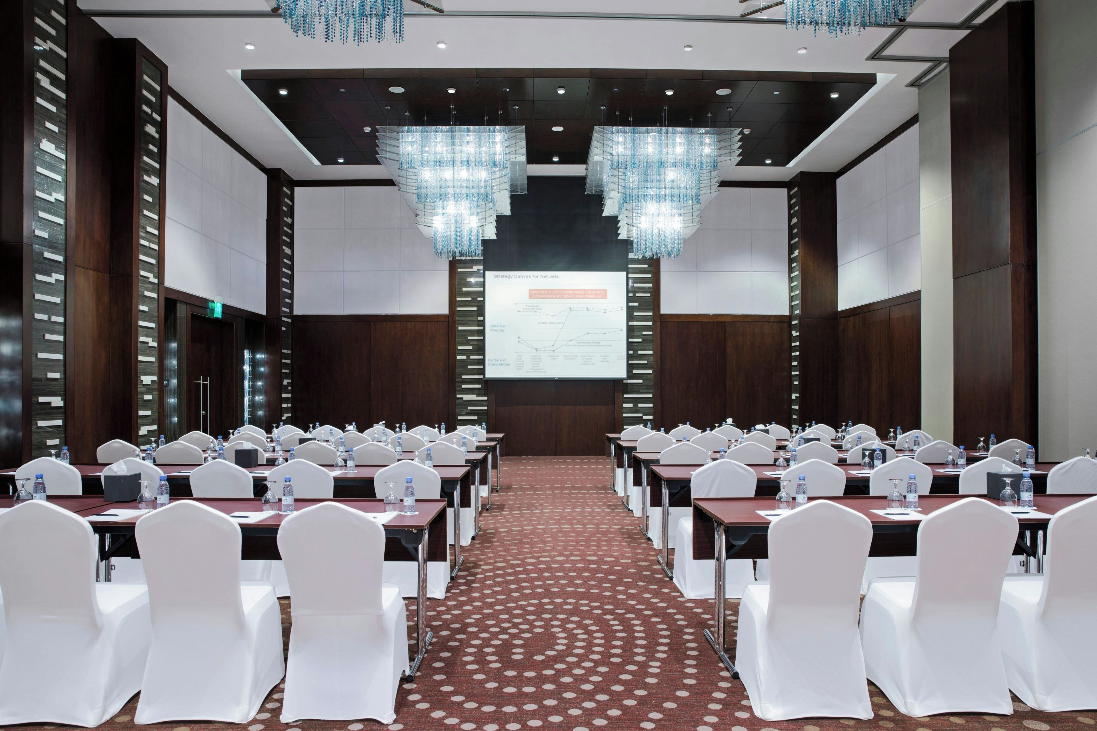A conference room with rows of white chairs, a red carpet, and a presentation screen at the front.