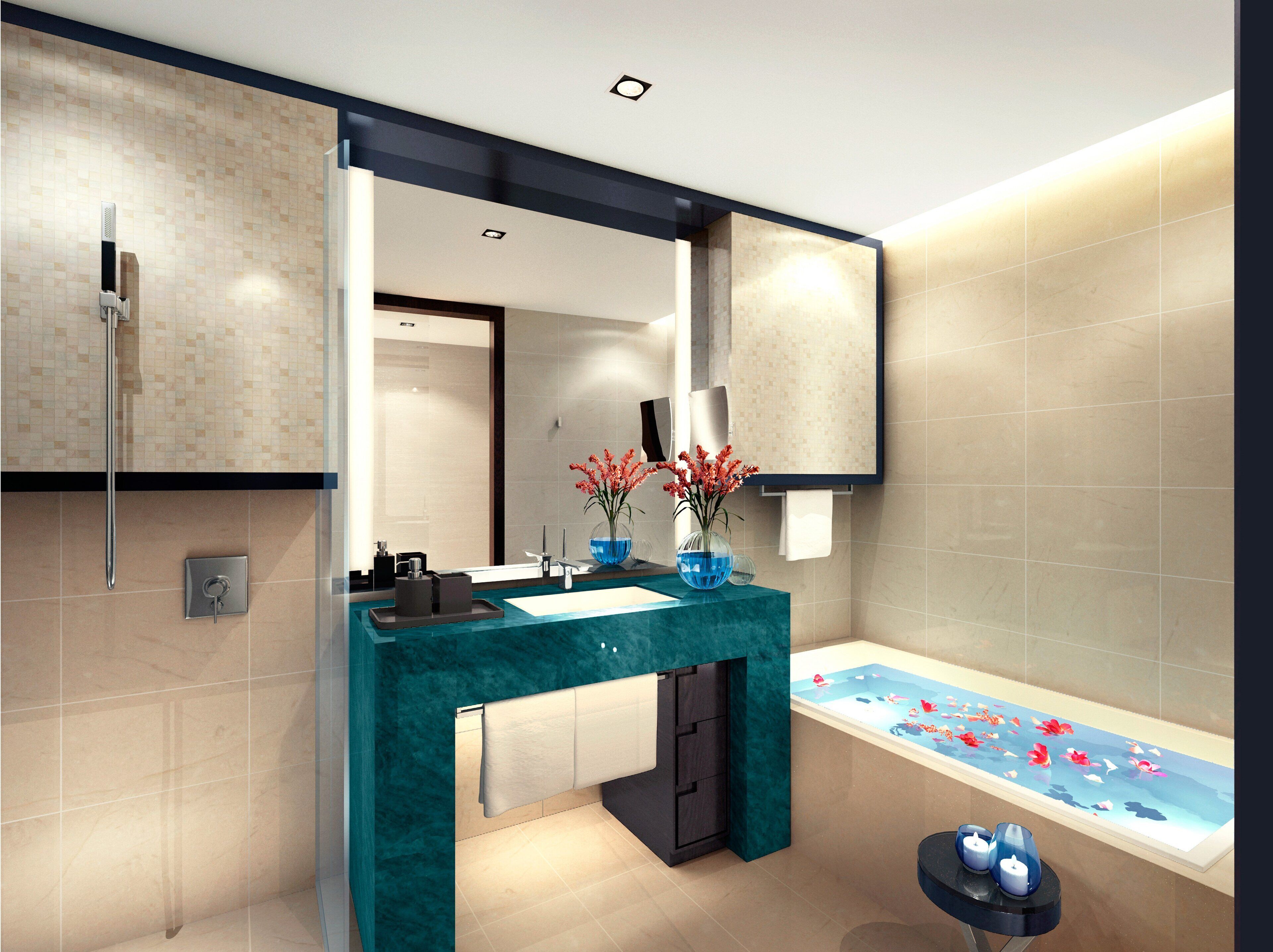 Rainfall showerhead, free toiletries, hair dryer, bathrobes