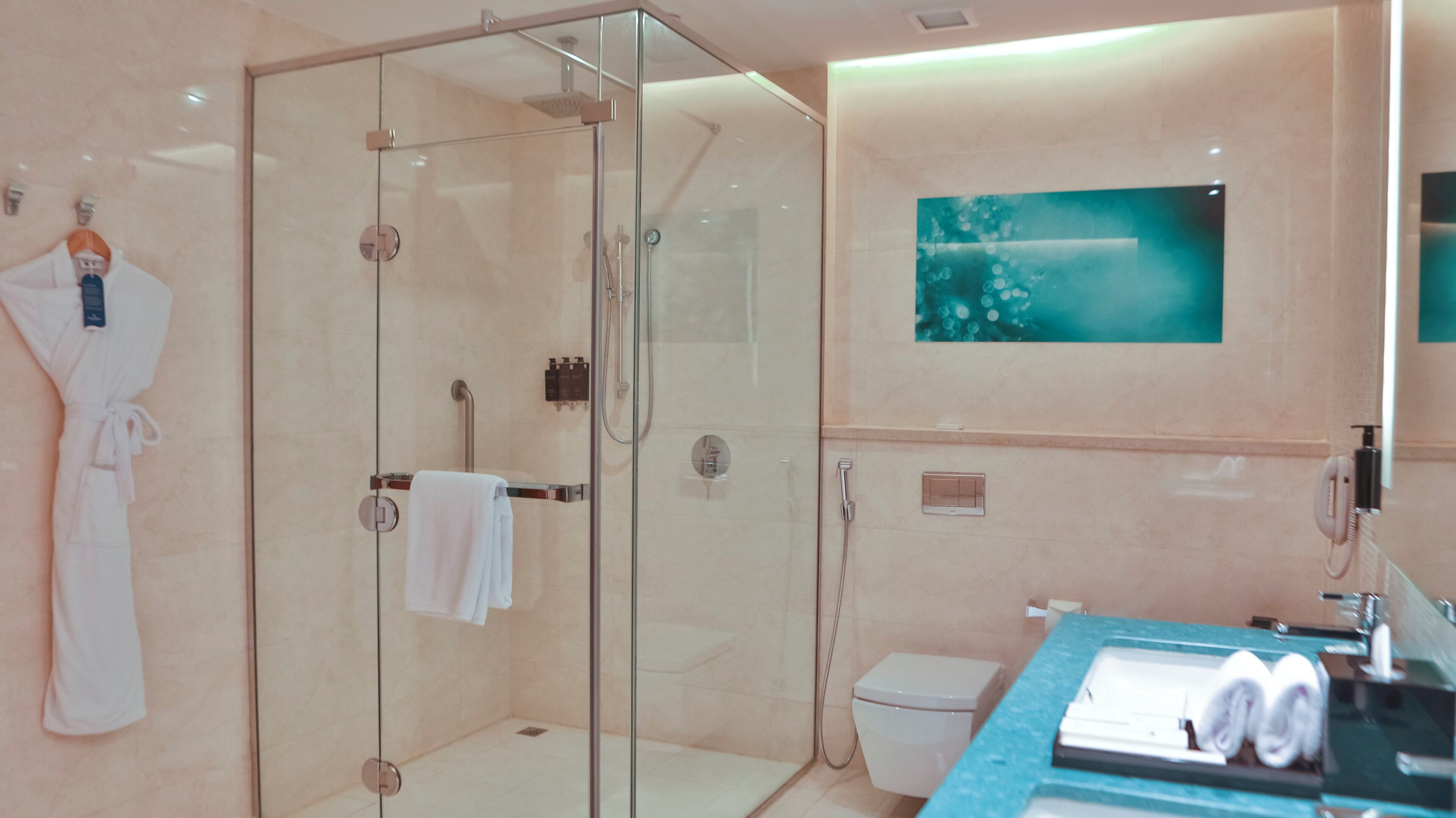 A modern bathroom with a glass-enclosed shower, a toilet, and a sink with a towel rack.