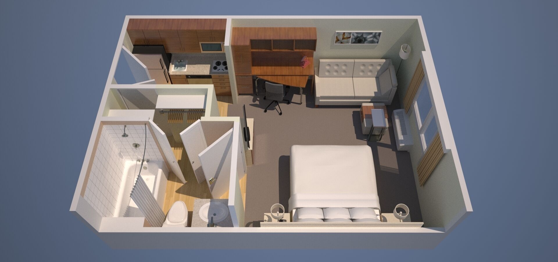 1 bedroom, desk, laptop workspace, soundproofing