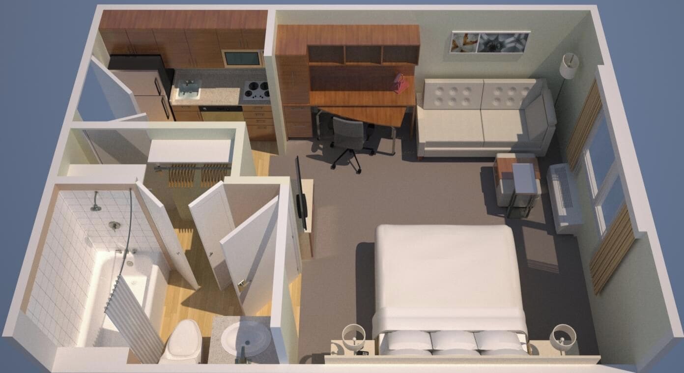 Un modelo 3D de una habitación de hotel con cama, escritorio, silla, sofá, mesita y baño con bañera e inodoro.