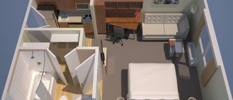 Un modelo 3D de una habitación de hotel con cama, escritorio, silla, sofá, mesita y baño con bañera e inodoro.