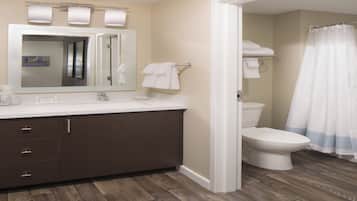 Hair dryer, towels, soap, shampoo