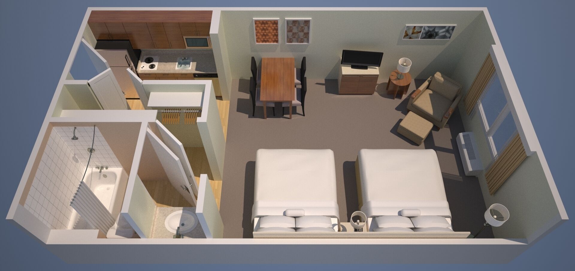 1 bedroom, desk, laptop workspace, soundproofing