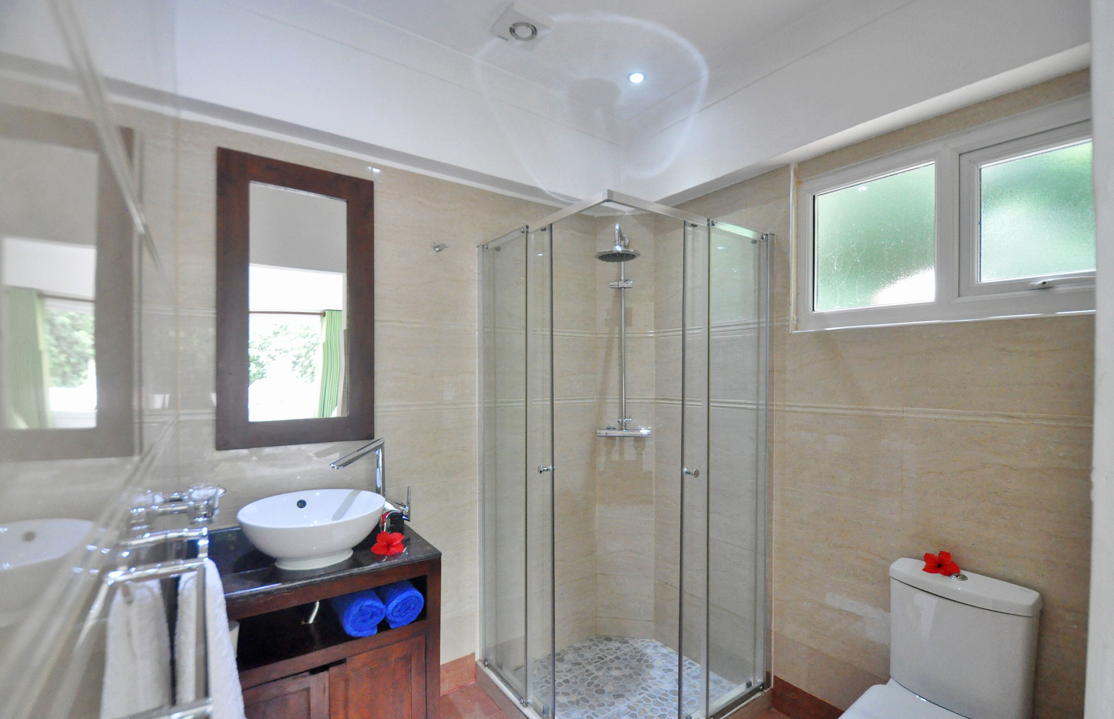 A modern bathroom with a glass-enclosed shower, a white sink, and a large mirror.