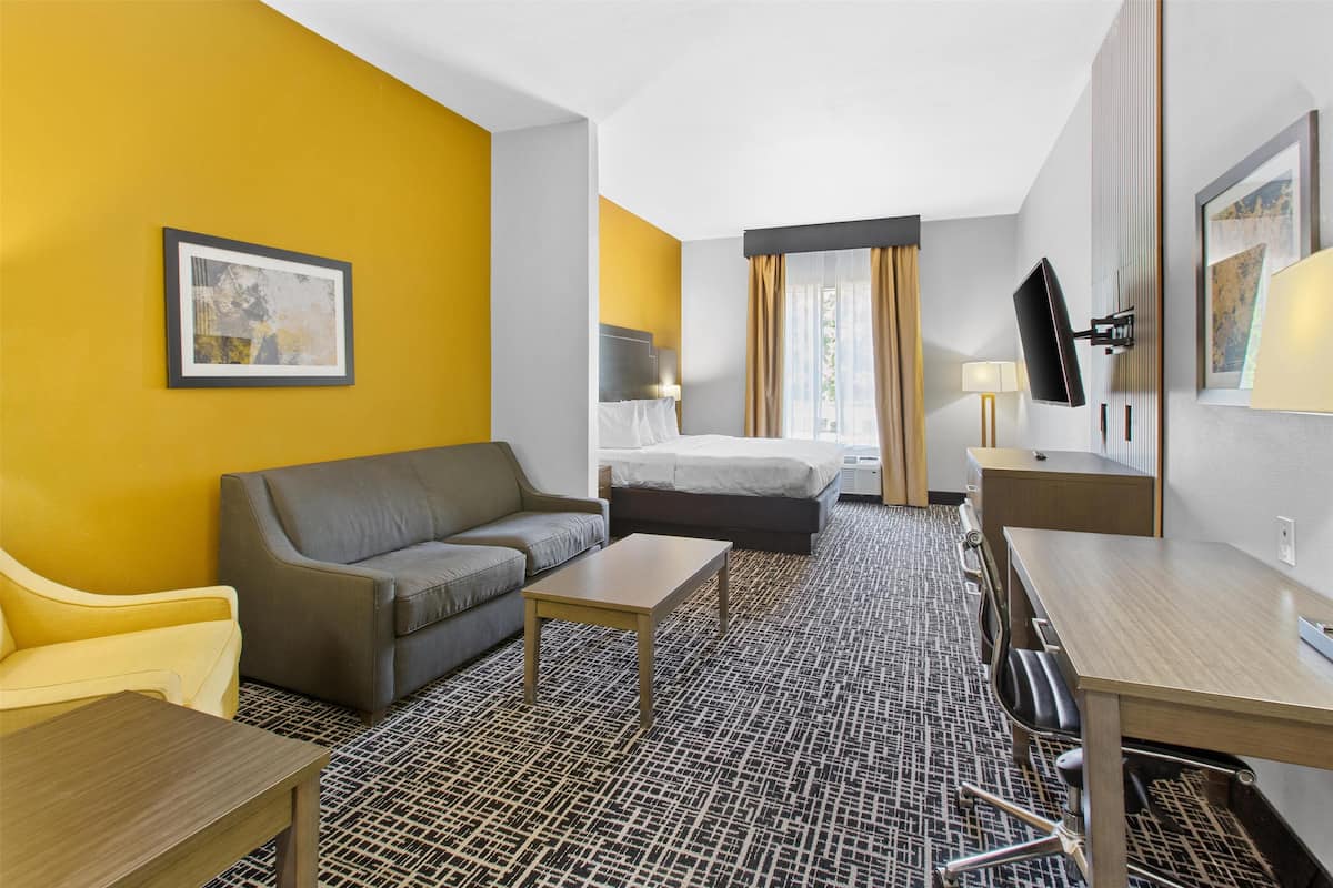 A hotel room with a sofa, a bed, a desk, a TV, and a framed picture on the wall.