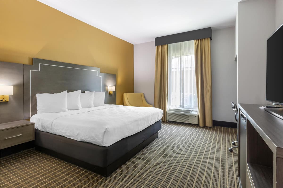 A hotel room with a large bed, a desk, a chair, a TV, and a window with curtains.