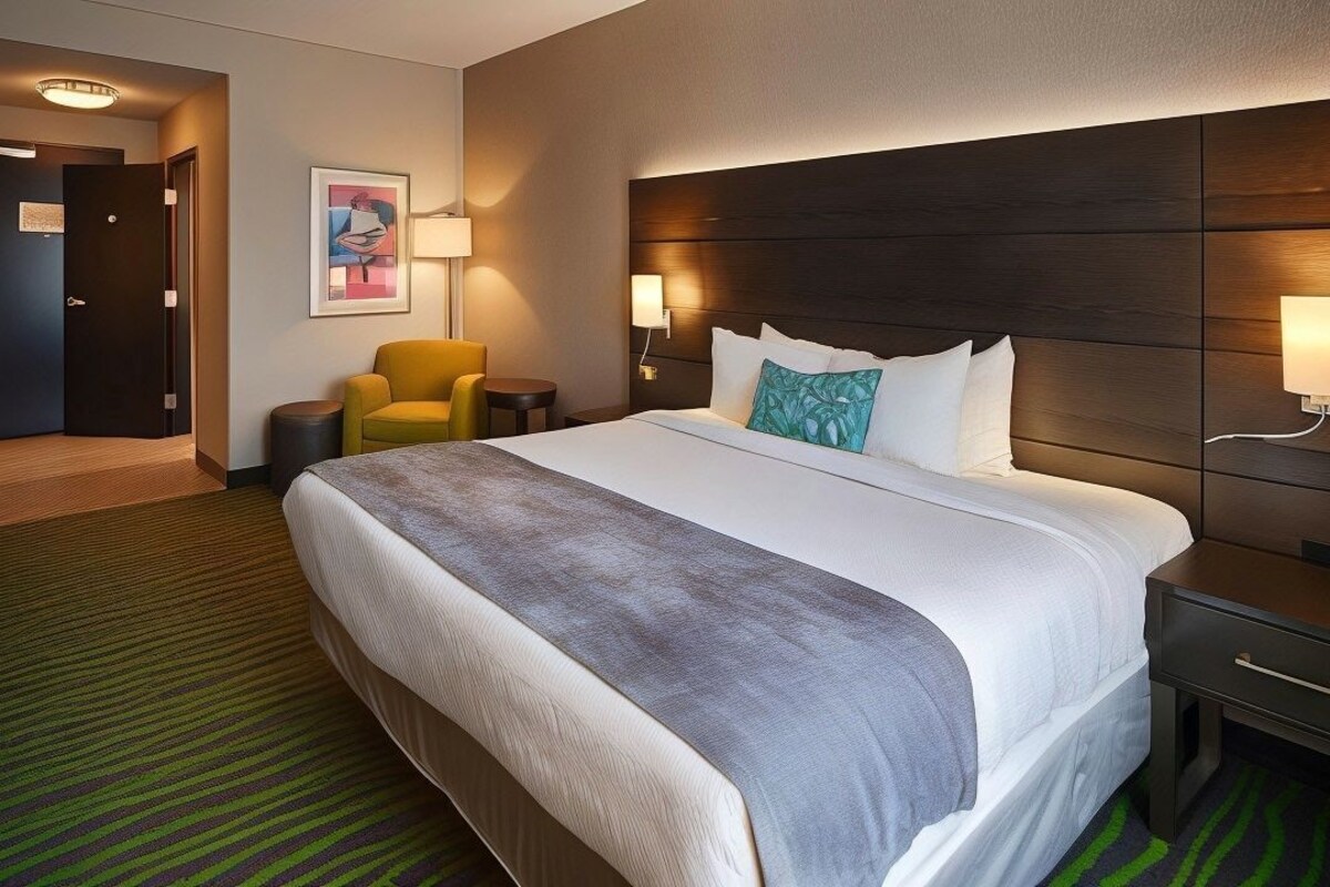 A hotel room with a large bed, bedside tables, a chair, a desk, and a lamp.