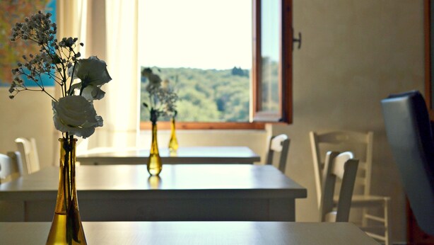 A dining table with a vase of flowers and a window with a view of greenery. - Morpheo Rooms (Alghero)