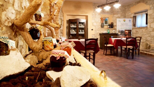 A restaurant with stone walls, a tree display, and a dining area with tables and chairs. - Agriturismo Il Casolare Di Nonno Mario (Manoppello)