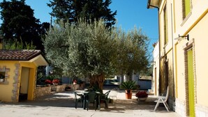 A courtyard with a large tree, outdoor seating, and a yellow building. - Agriturismo Il Casolare Di Nonno Mario (Manoppello)