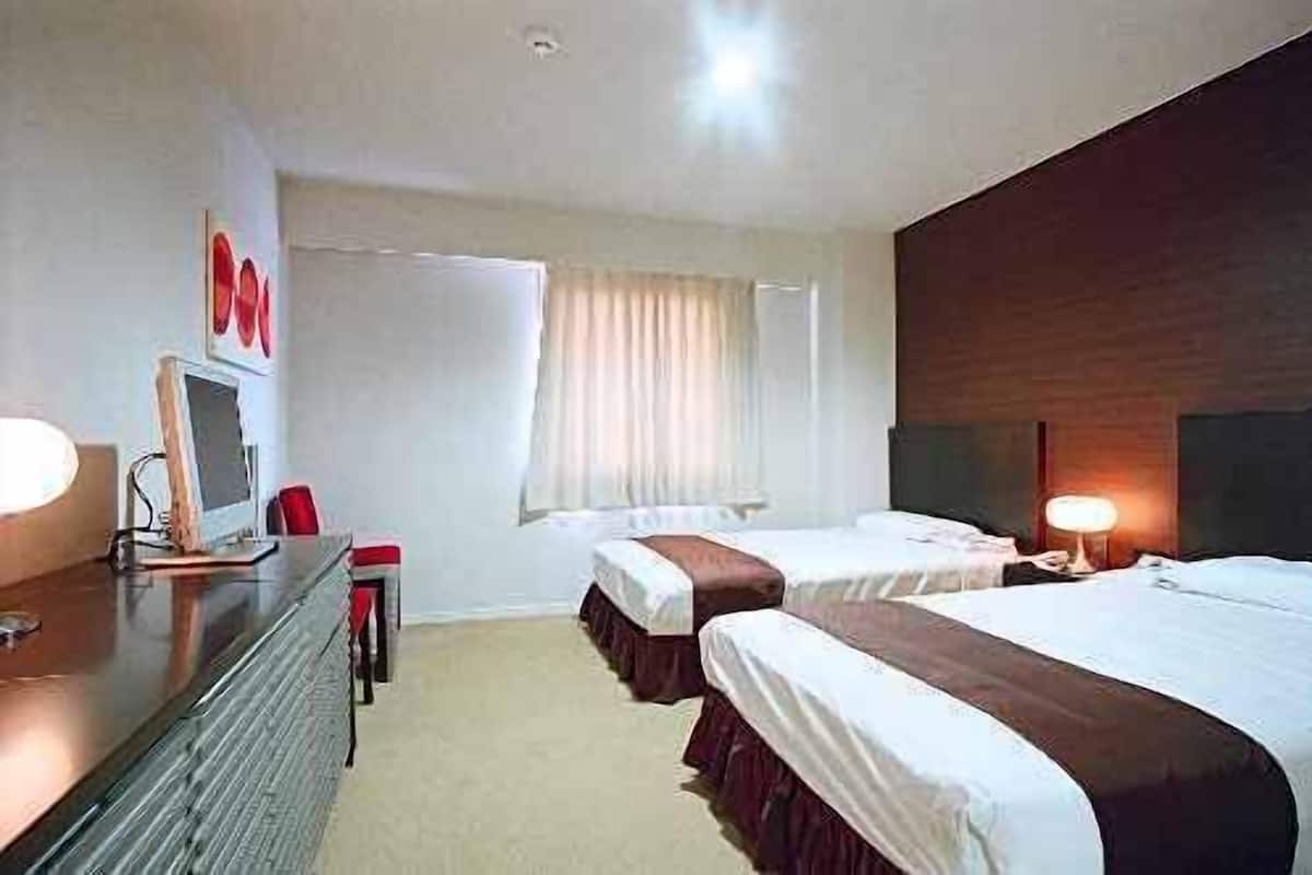 Une chambre d’hôtel avec deux lits, un bureau avec un ordinateur, une fenêtre avec des rideaux et un téléviseur fixé au mur.