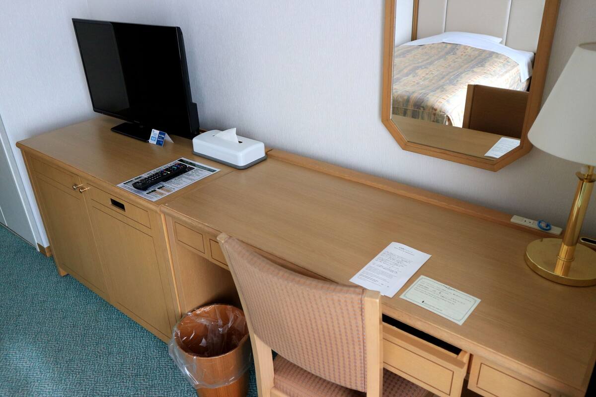 A hotel room with a wooden desk, a television, a trash bin, and a mirror.