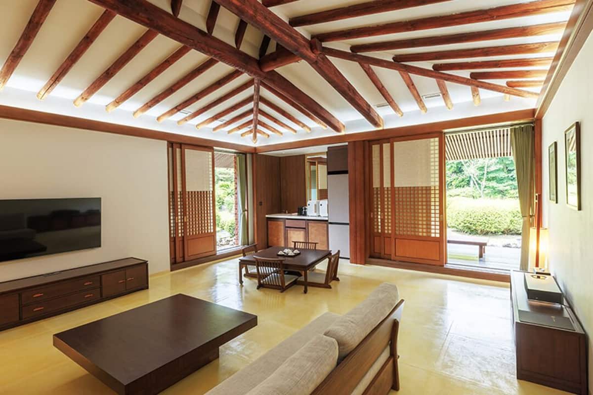 A spacious living area with a wooden ceiling, a flat-screen TV, a sofa, a dining table, and sliding doors leading to a garden.