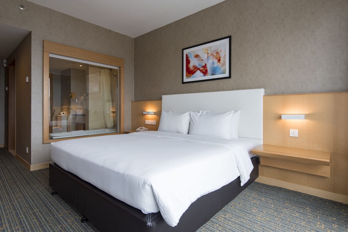 A hotel room with a large bed, a bedside table, a nightstand, a wall-mounted lamp, and a large mirror.