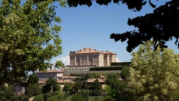 A large, historic building with classical architecture, surrounded by lush greenery and smaller buildings.