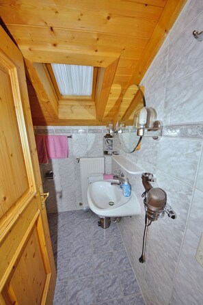 Une salle de bain avec un puits de lumière, un lavabo, un miroir et un porte-serviettes.