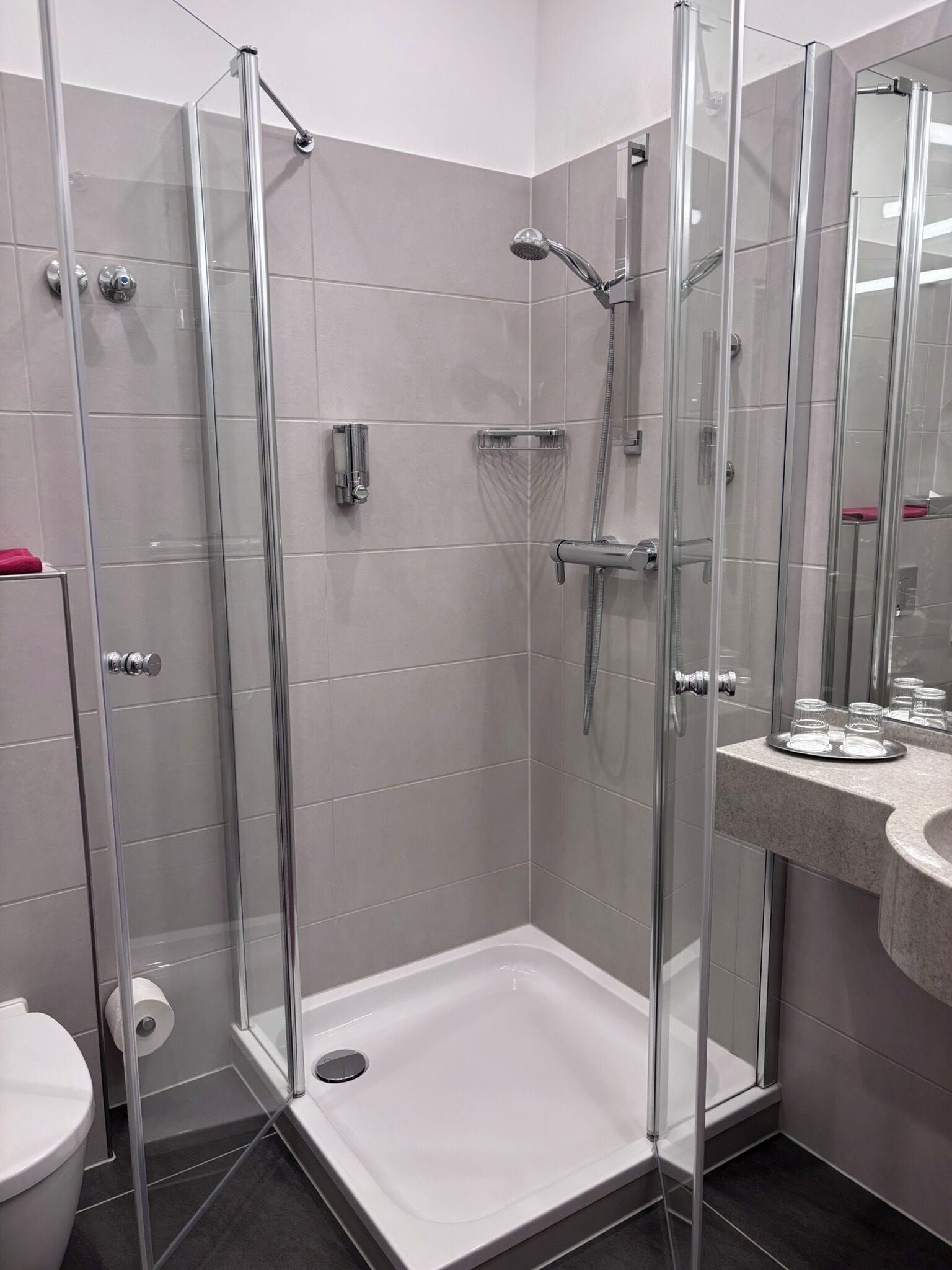A modern bathroom with a glass-enclosed shower, a white sink, and a toilet.