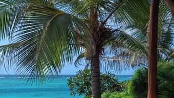 Relax in a serene outdoor lounge with comfortable seating and a view of the ocean and distant island.