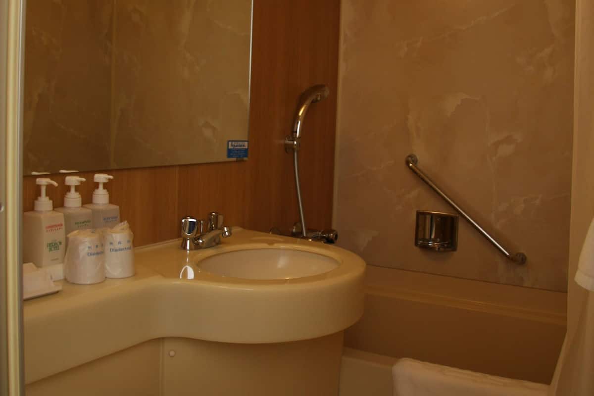 combined shower/bathtub, deep-soaking bathtub, free toiletries
