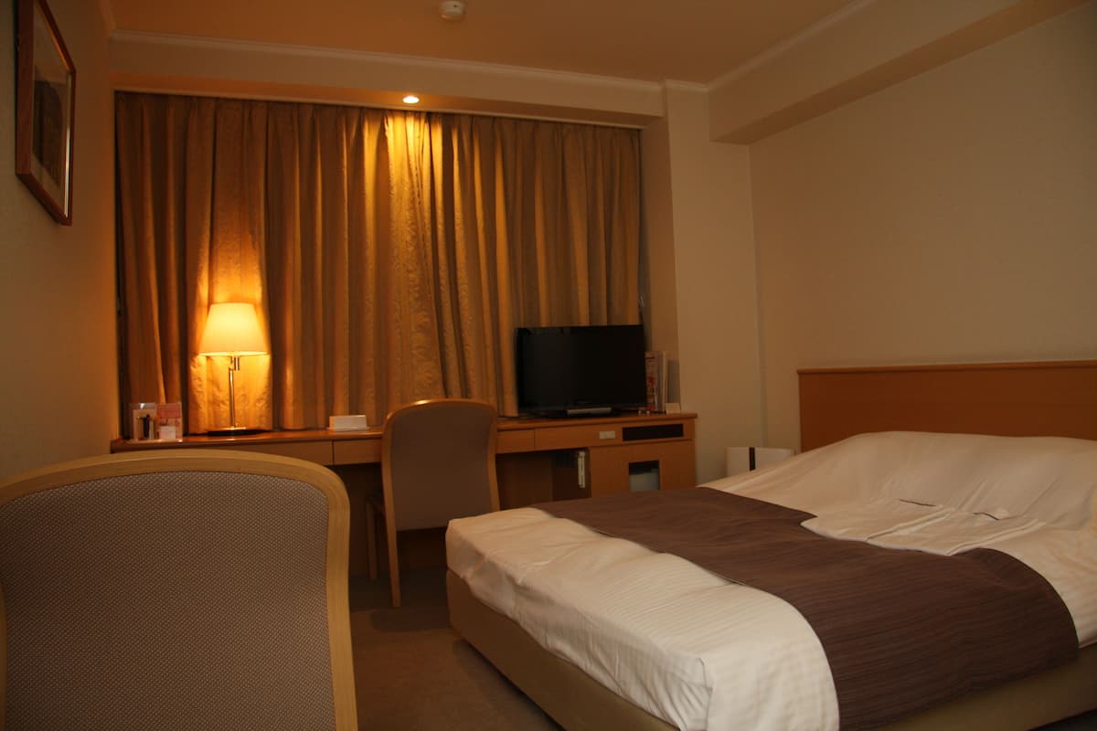 Una habitación de hotel con una cama, un escritorio, un televisor y una silla.