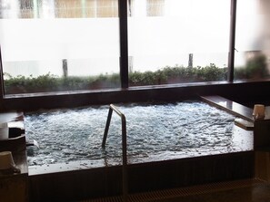 A hot tub with a metal ladder, a wooden bench, and a window with a view of greenery outside. - Kitami Pierson Hotel (Kitami)