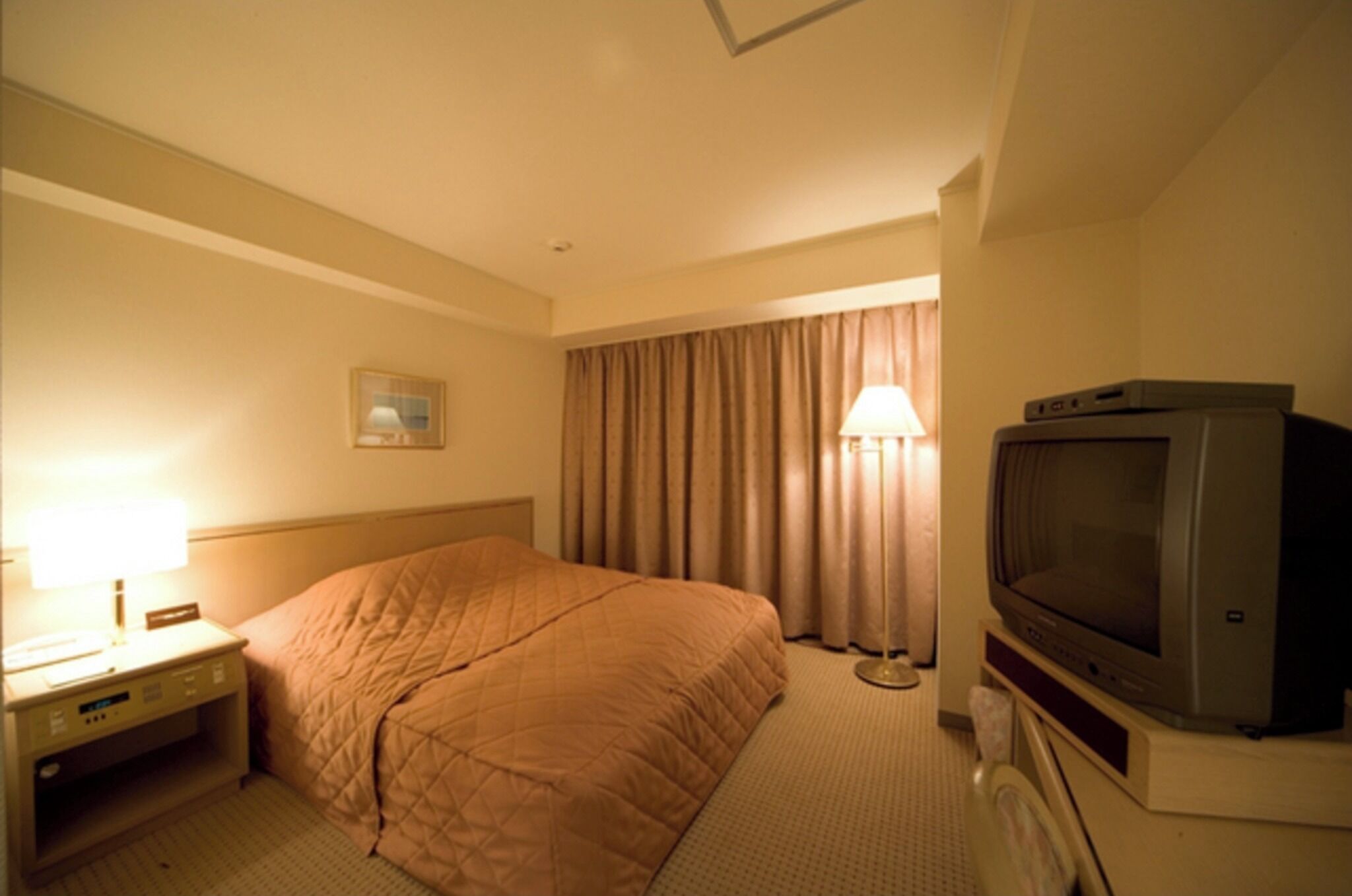 Habitació d'hotel amb un llit, una taula de nit amb una làmpada, una televisió i una finestra amb cortines.