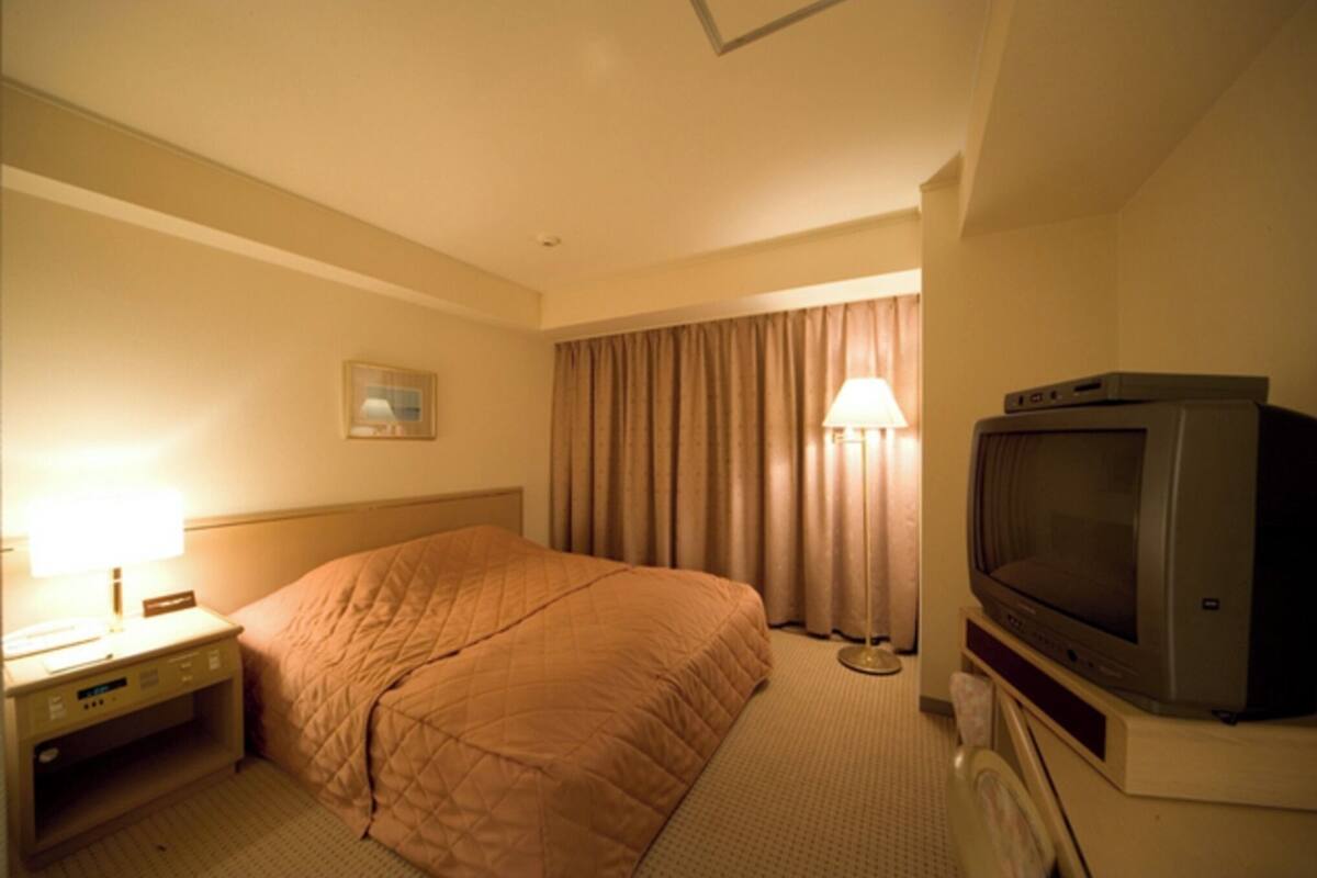 Habitación de hotel con cama, mesita de noche con lámpara, televisión y ventana con cortinas.